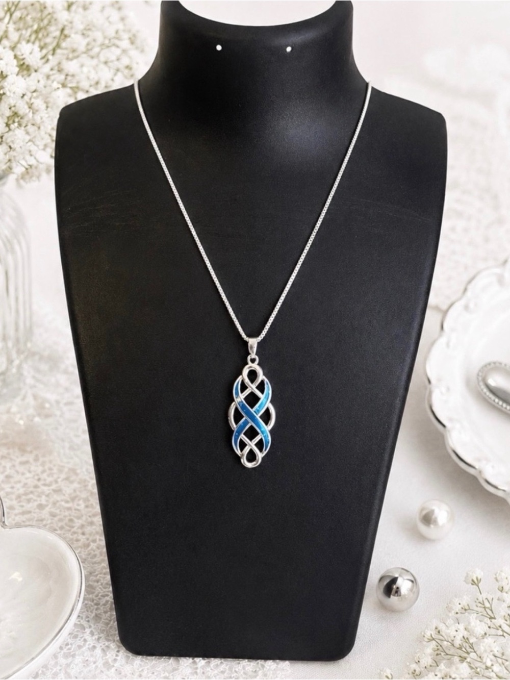 Silver-tone Blue Enamel Infinity Pendant Necklace-Silver Hardware-NWOT